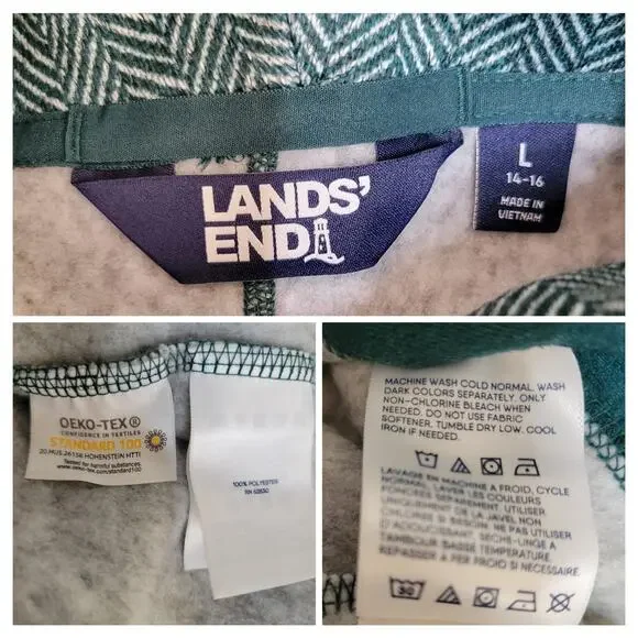 Lands End Cowl Funnel Neck Green Herringbone Fleece Pullover Tunic Sweater✨️L - Picture 9 of 13